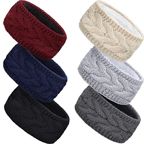 6 Pieces Winter Cable Knit Headband Fleece Lined Winter Ear Warmer Headband Wrap for Christmas Valentine’s Day Giving (Classic Colors)