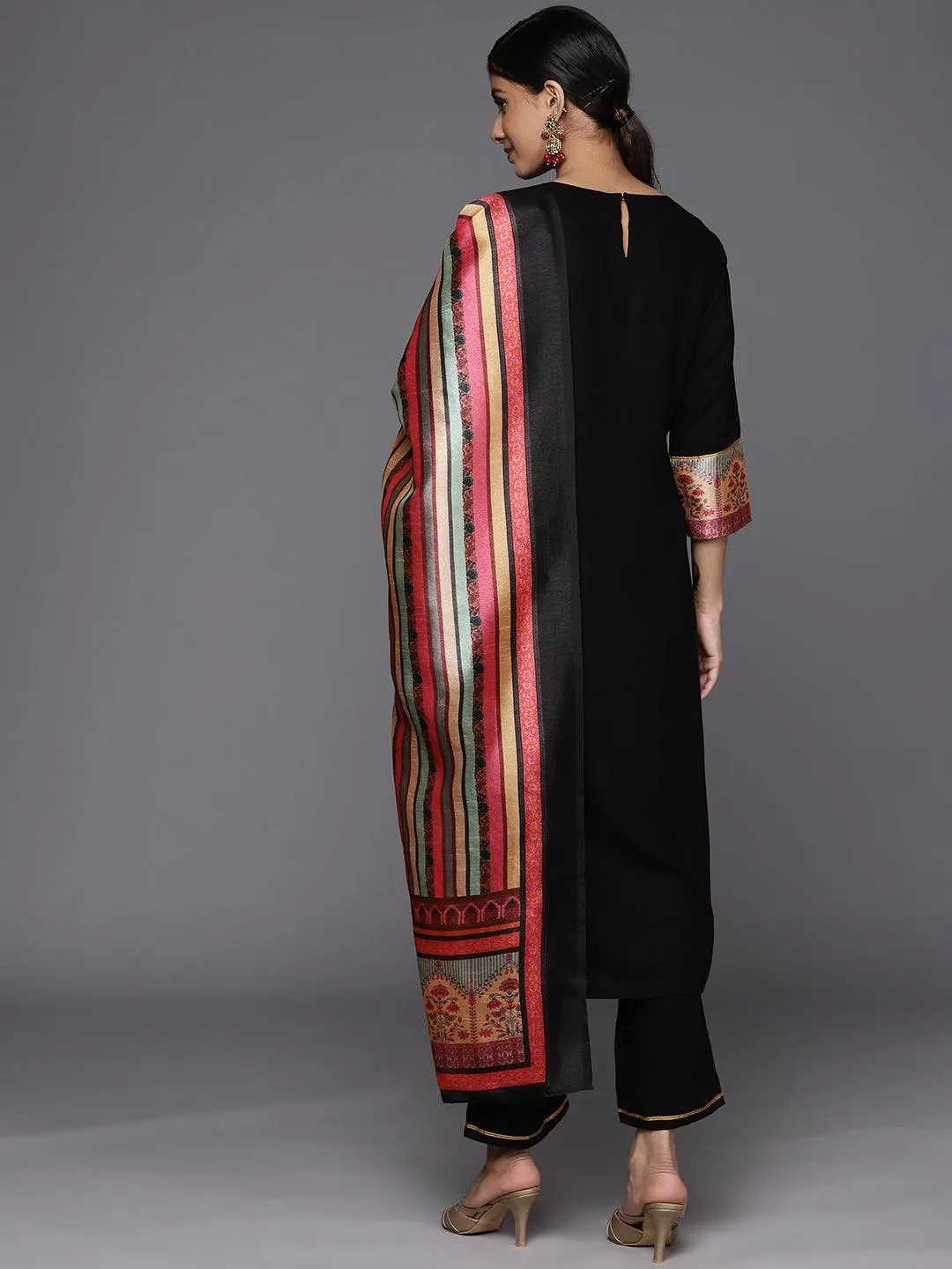 Black Yoke Design Rayon Straight Kurta With Trousers & Dupatta