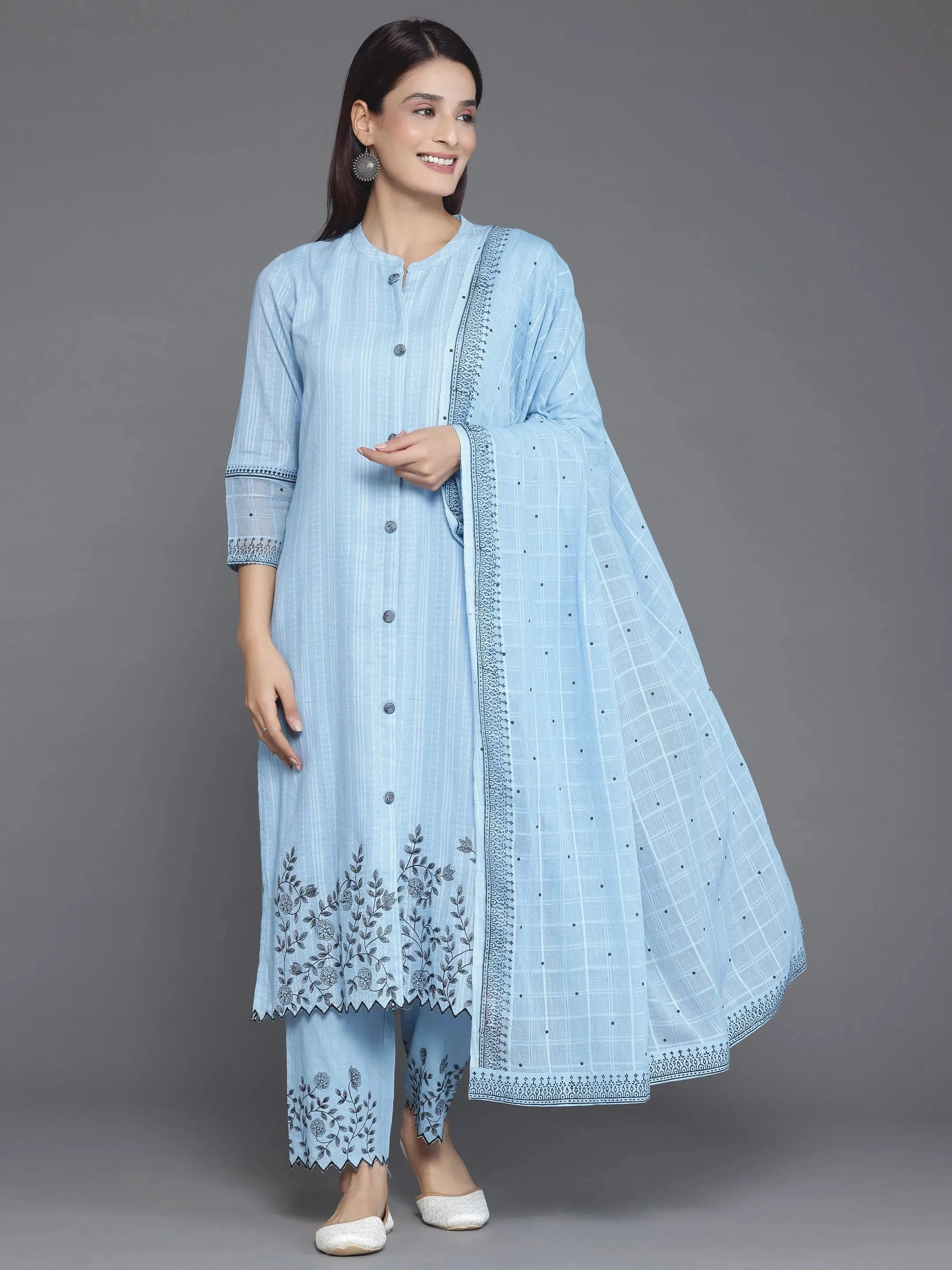 Blue Woven Design Cotton Straight Suit With Dupatta