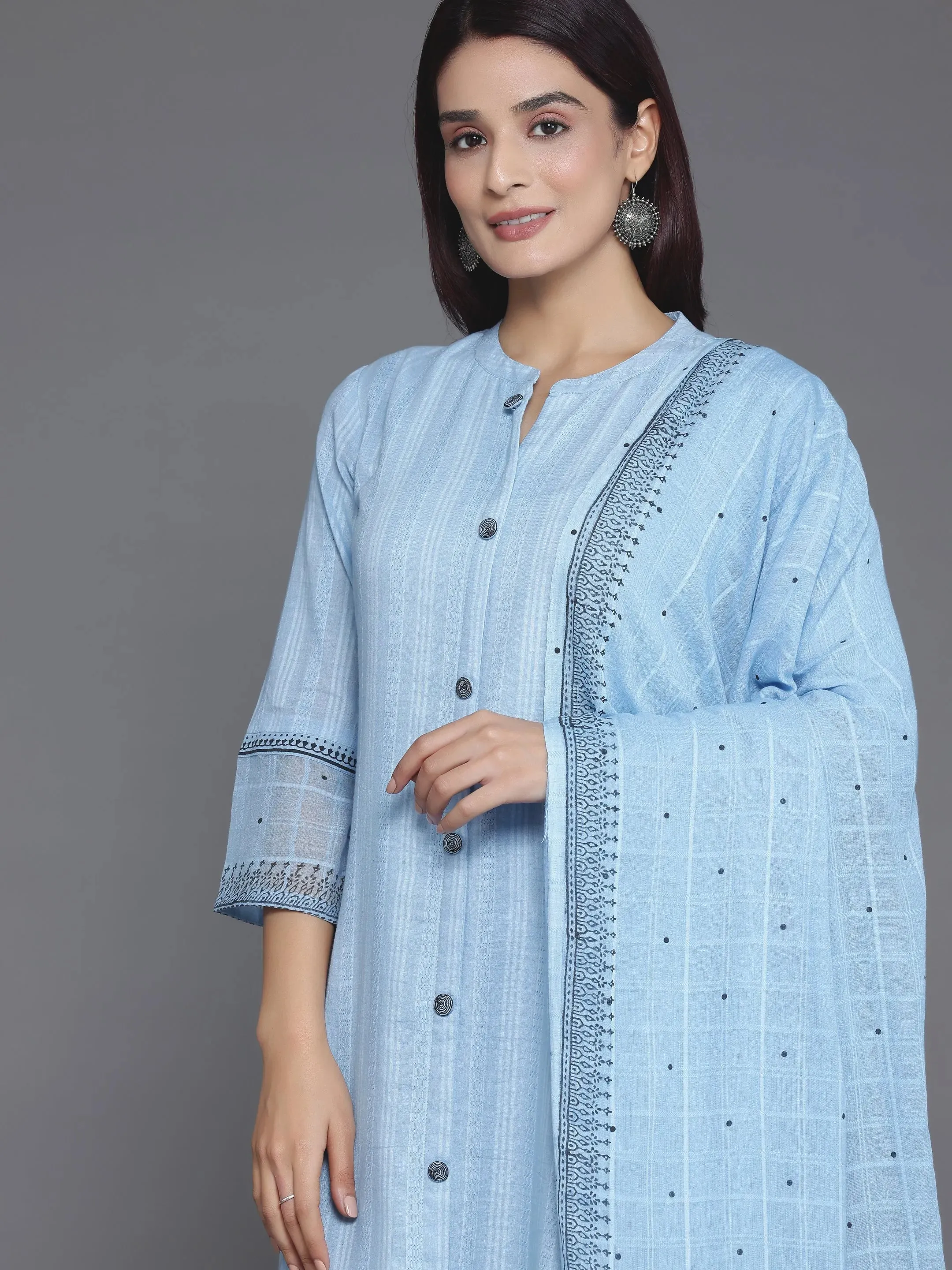 Blue Woven Design Cotton Straight Suit With Dupatta