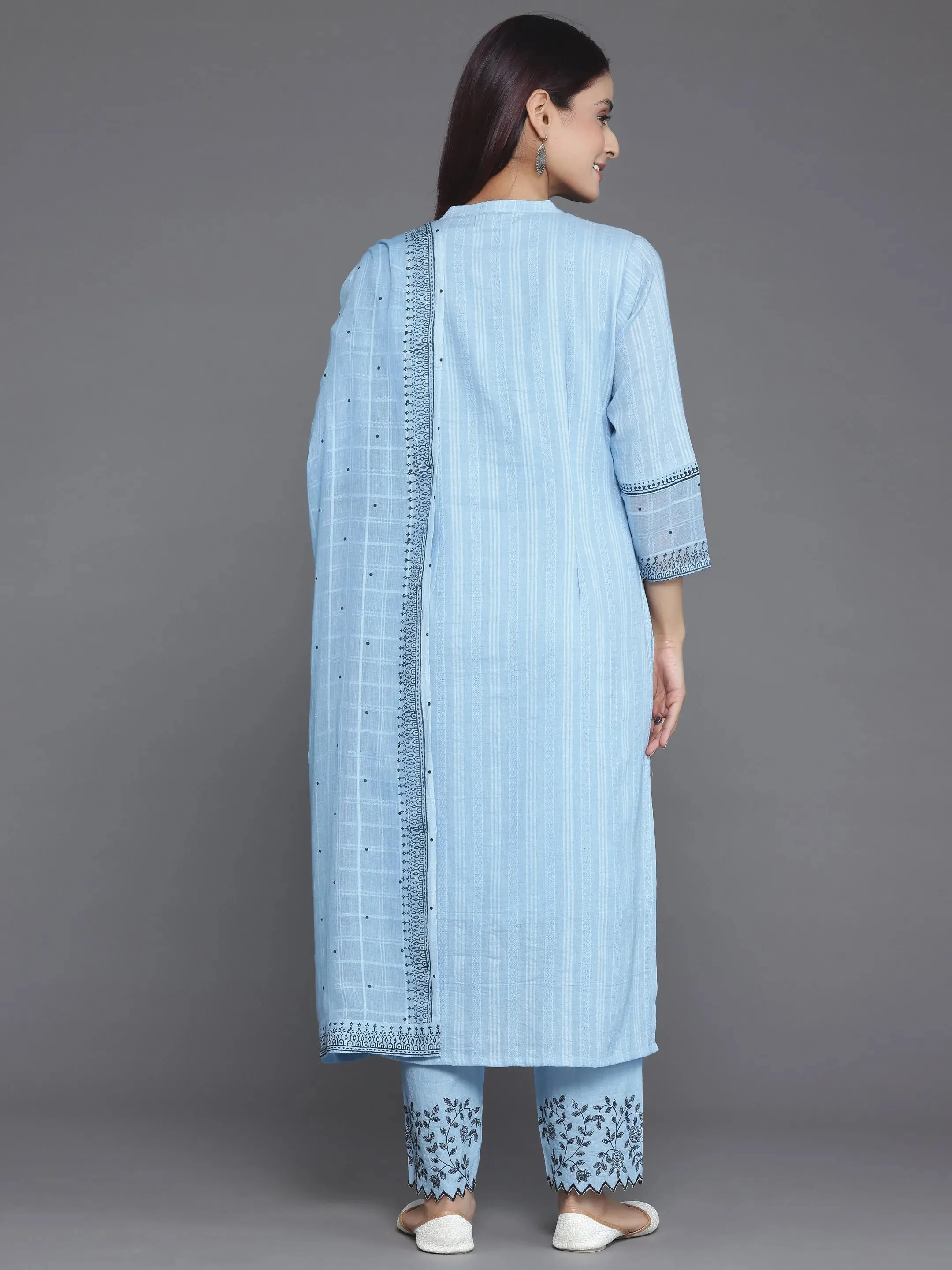 Blue Woven Design Cotton Straight Suit With Dupatta