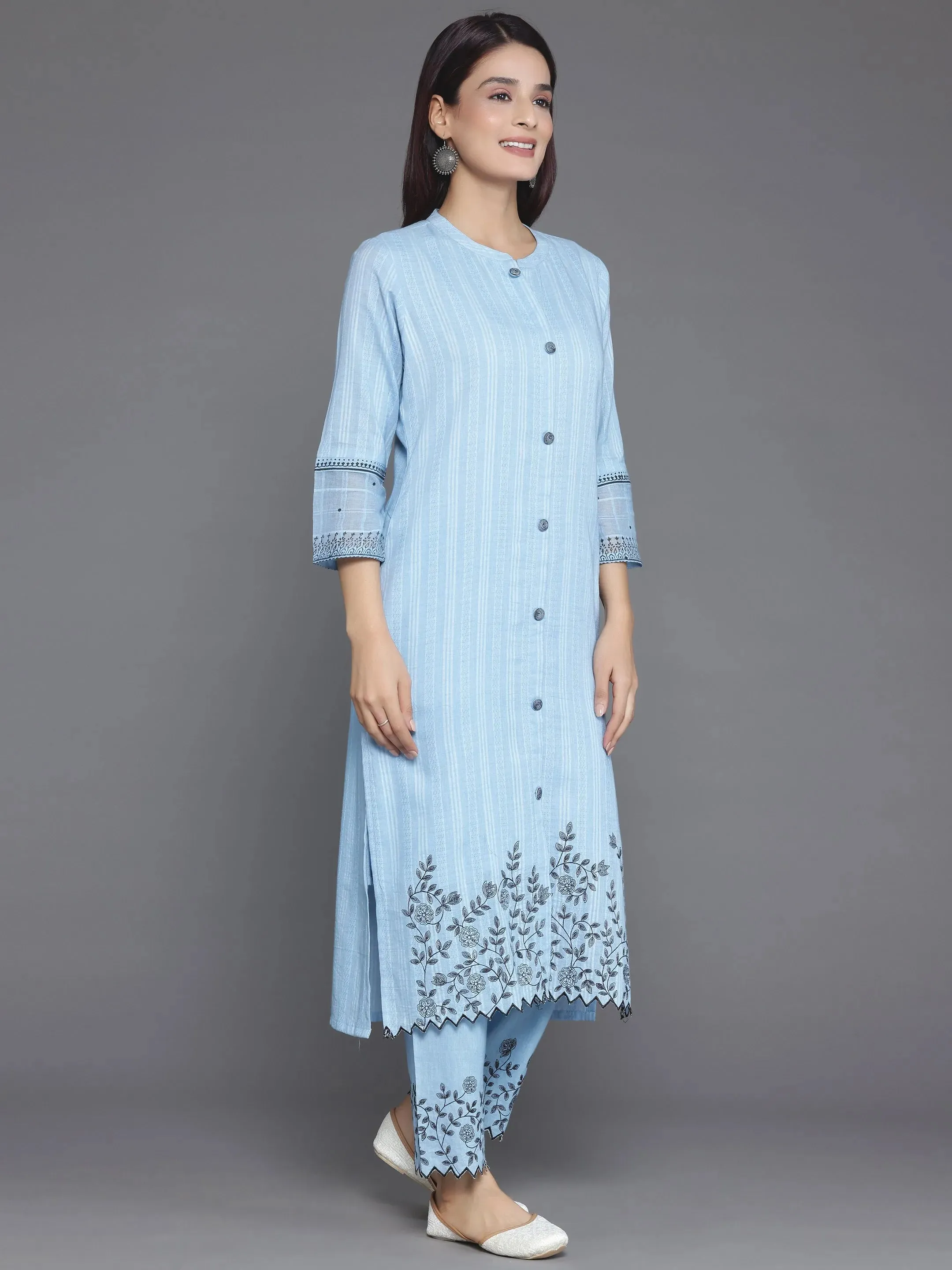 Blue Woven Design Cotton Straight Suit With Dupatta