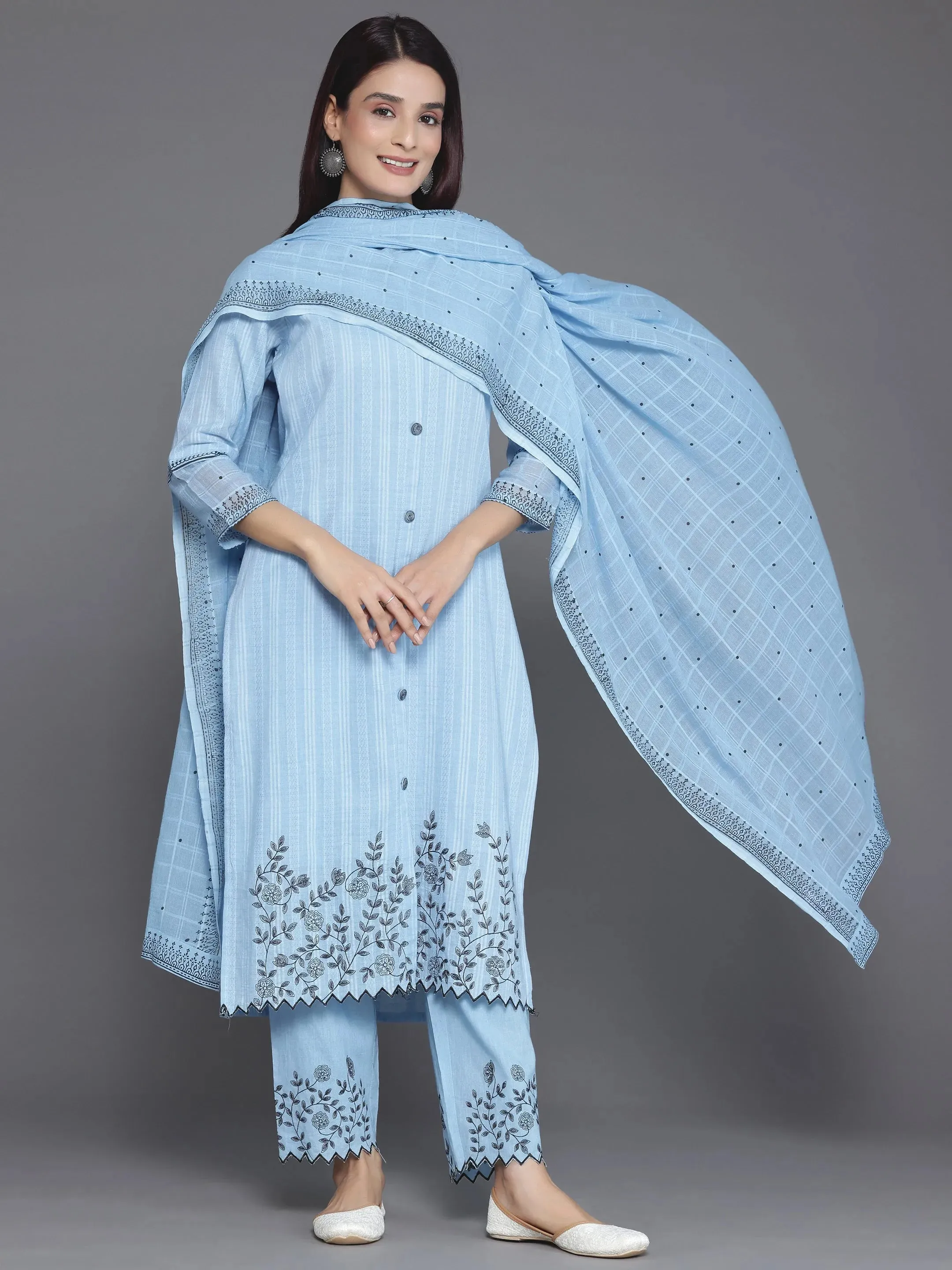 Blue Woven Design Cotton Straight Suit With Dupatta