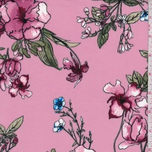 Blush Pink/Maroon Floral Double Brushed Jersey Knit Fabric