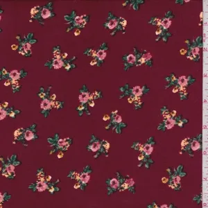 Burgundy Floral Cluster Double Brushed Jersey Knit Fabric