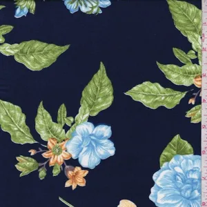 Dark Blue Multi Tropical Floral Double Brushed Jersey Knit Fabric