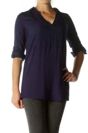 Deep Blue V-Neck Long Sleeve Long Soft Shirt