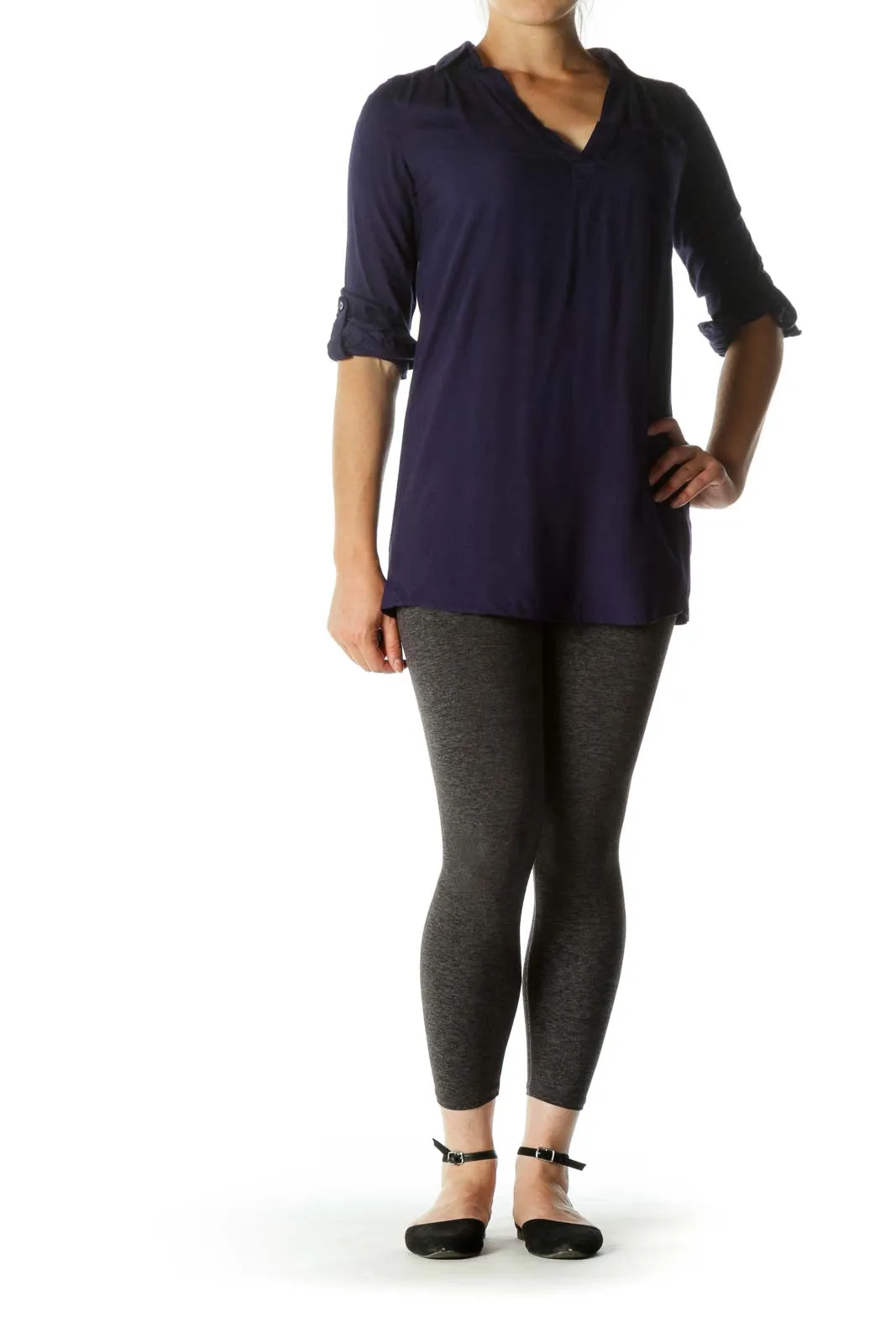 Deep Blue V-Neck Long Sleeve Long Soft Shirt