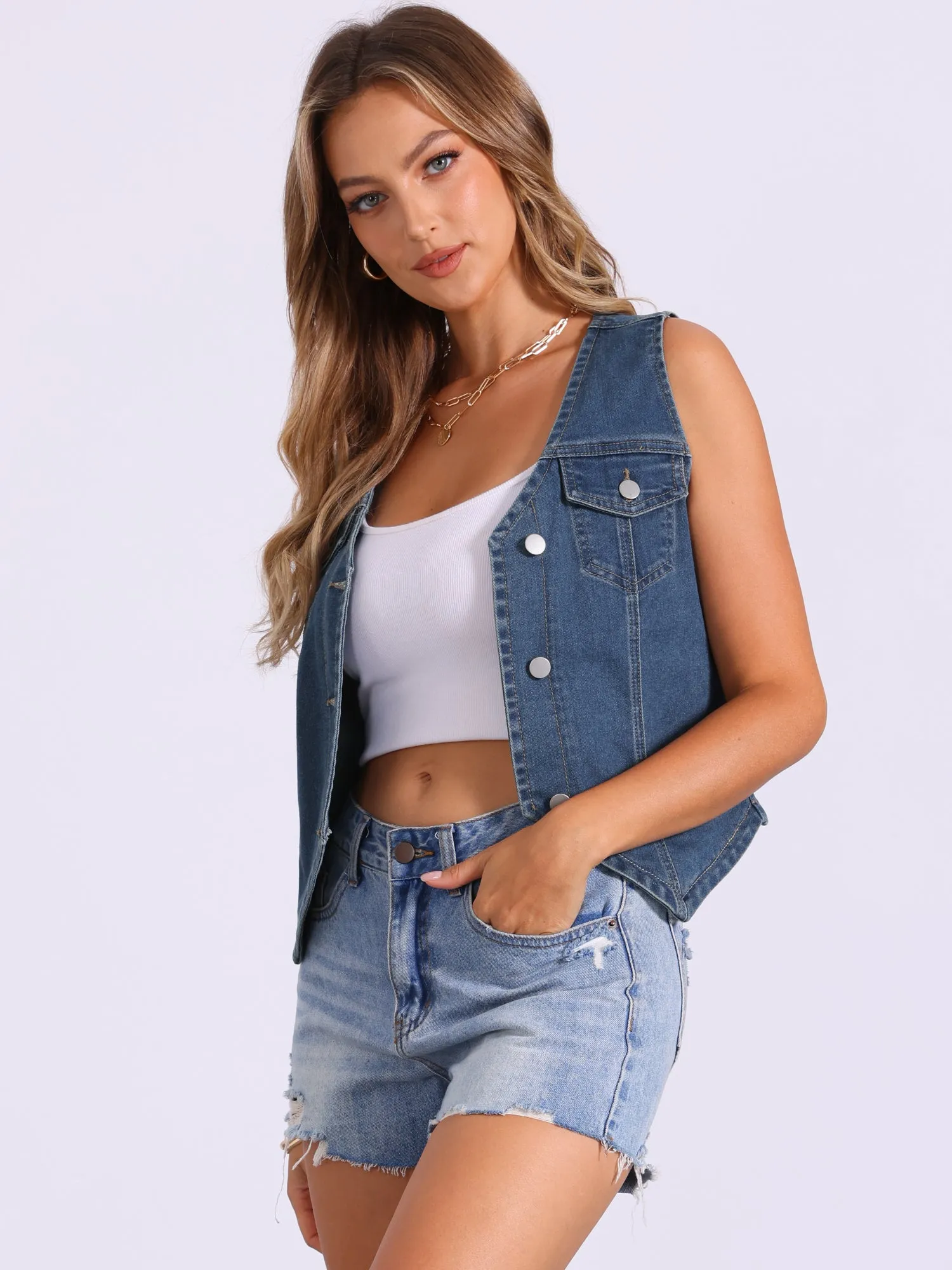 Denim Sleeveless V Neck Button Down Jean Vest