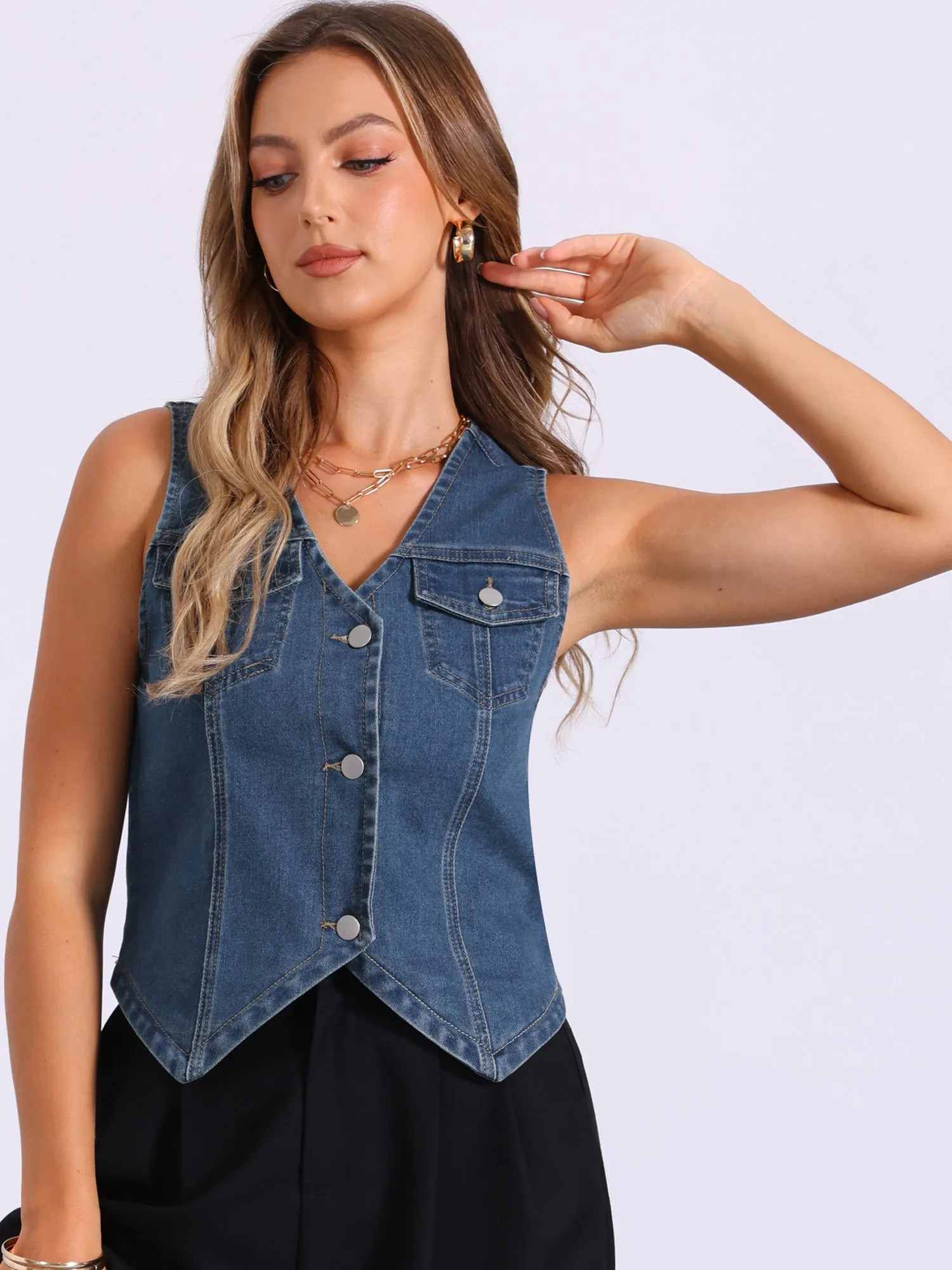 Denim Sleeveless V Neck Button Down Jean Vest