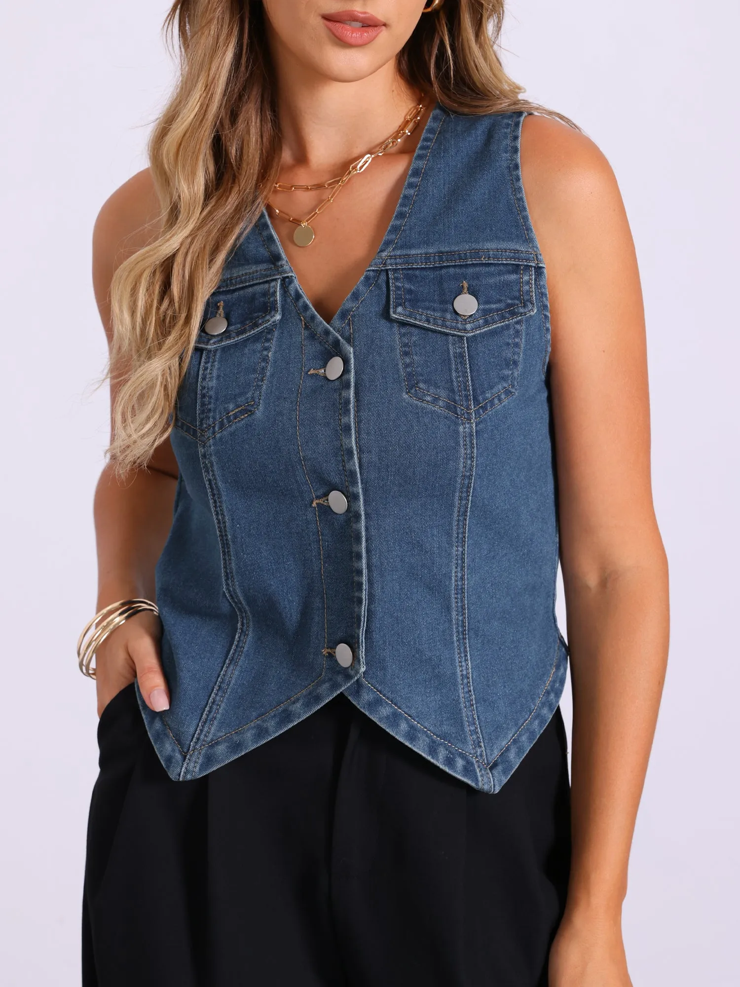 Denim Sleeveless V Neck Button Down Jean Vest