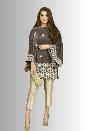 Designer Cording Embroidery Winter Velvet Stitched Suit ( Kurti With Pant )