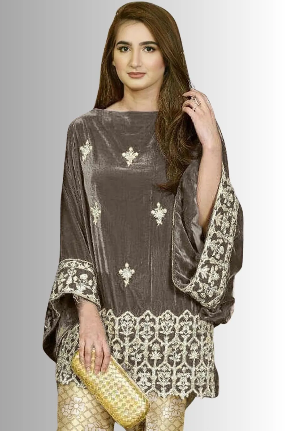 Designer Cording Embroidery Winter Velvet Stitched Suit ( Kurti With Pant )