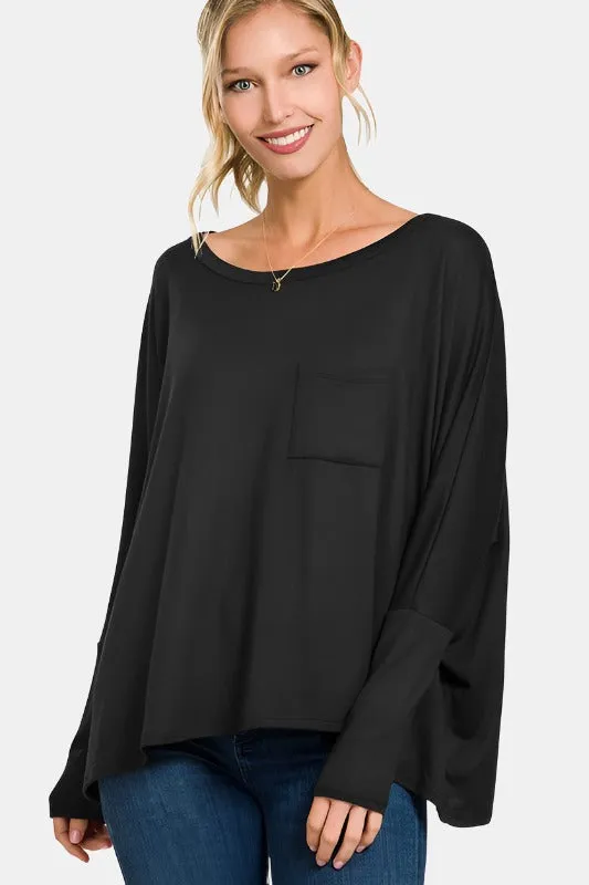 Dolman Sleeve Round Neck Top with Front Pocket