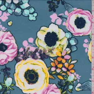 Dusty Blue Multi Floral Bloom Brushed Jersey Knit Fabric