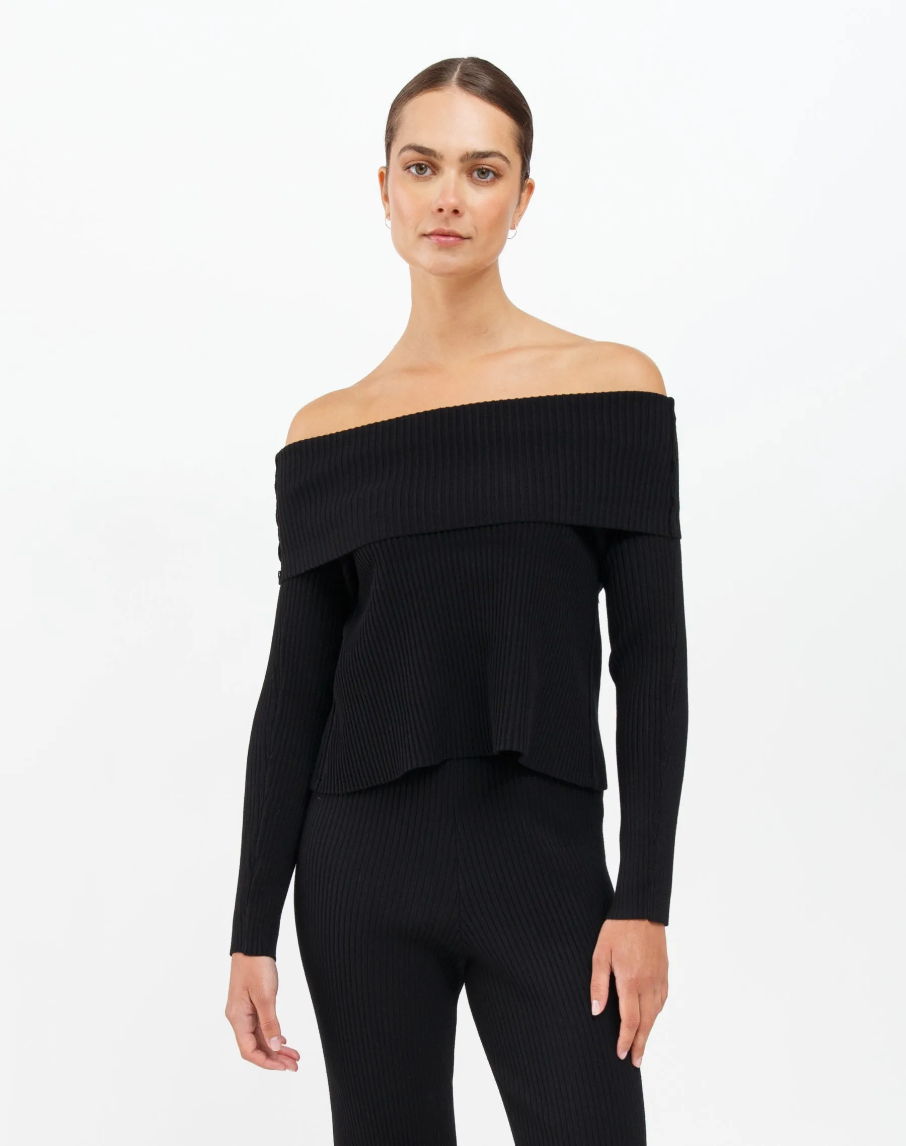 Elle Rib Knit Off the Shoulder Sweater | Black