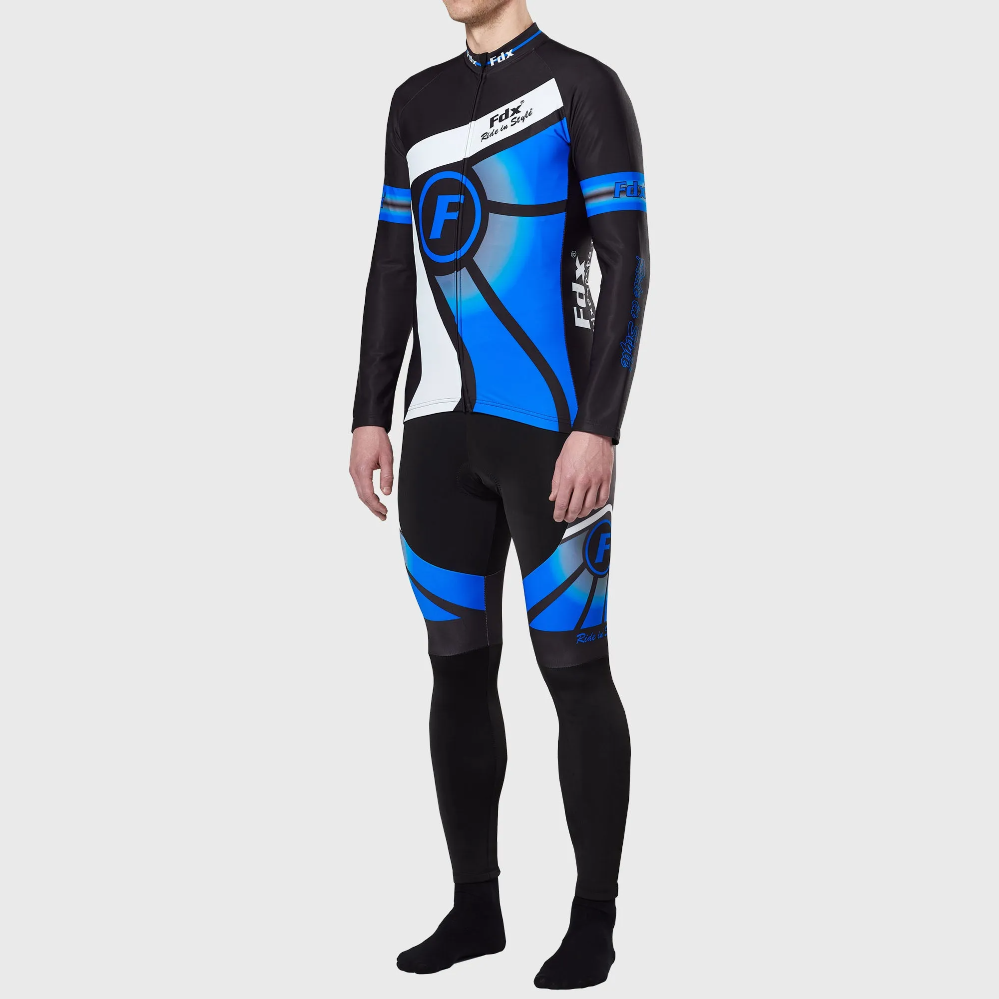 Fdx Men's & Boy's Set Signature Thermal Roubaix Long Sleeve Cycling Jersey & Bib Tights - Blue