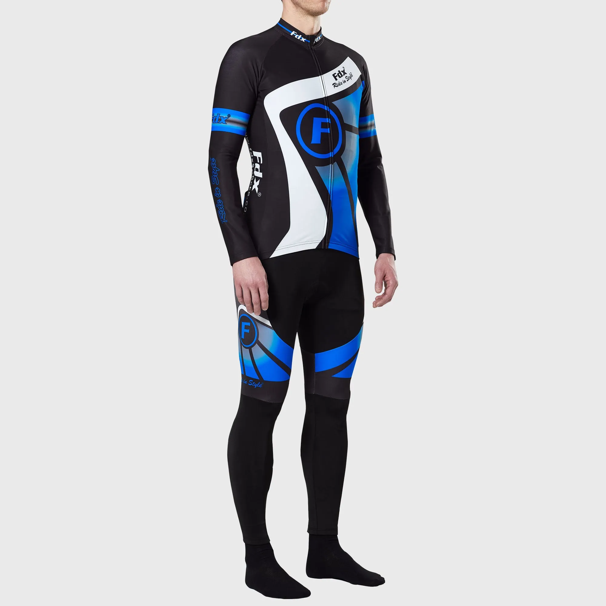 Fdx Men's & Boy's Set Signature Thermal Roubaix Long Sleeve Cycling Jersey & Bib Tights - Blue