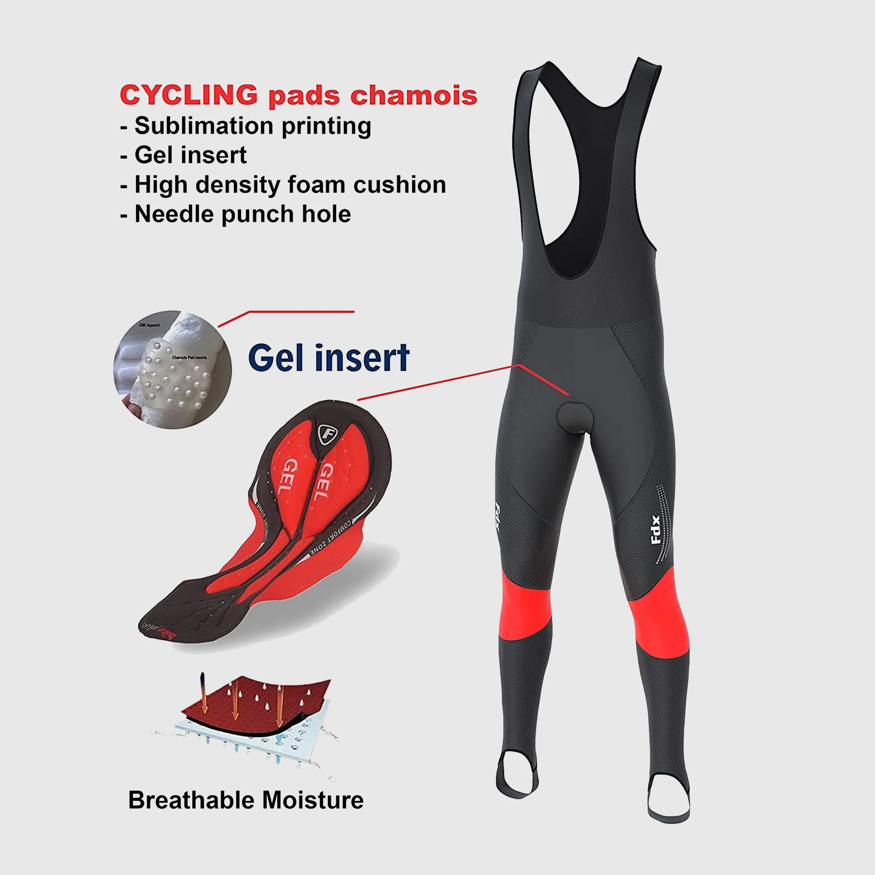 Fdx Thermodream Men's & Boy's Red Thermal Padded Cycling Bib Tights