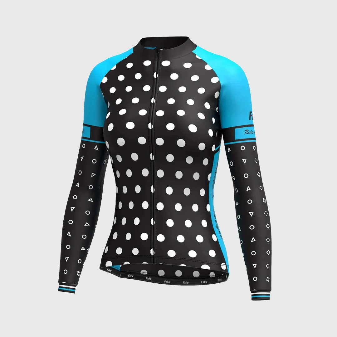 Fdx Women's & Girl's Set Polka Dots Thermal Super Roubaix Sky Blue Cycling Jersey & Bib Tights