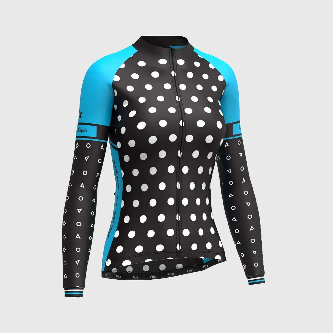 Fdx Women's & Girl's Set Polka Dots Thermal Super Roubaix Sky Blue Cycling Jersey & Bib Tights