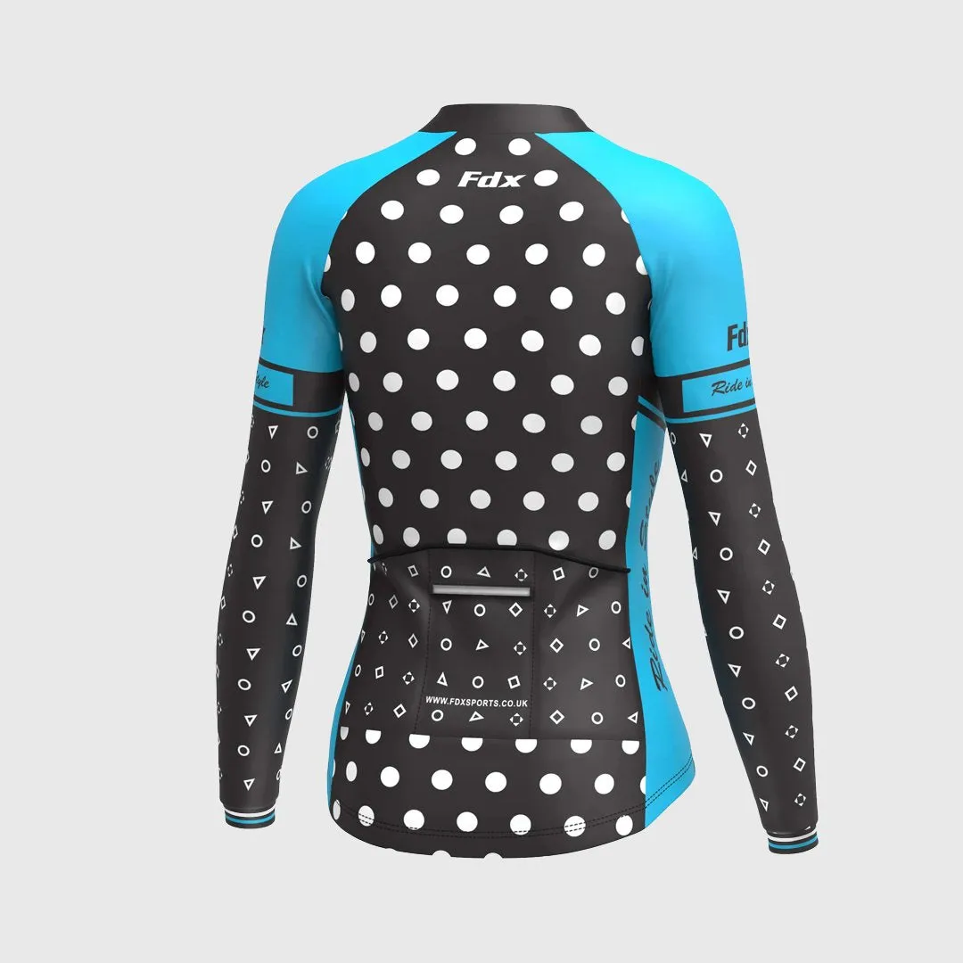 Fdx Women's & Girl's Set Polka Dots Thermal Super Roubaix Sky Blue Cycling Jersey & Bib Tights