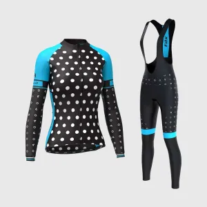 Fdx Women's & Girl's Set Polka Dots Thermal Super Roubaix Sky Blue Cycling Jersey & Bib Tights