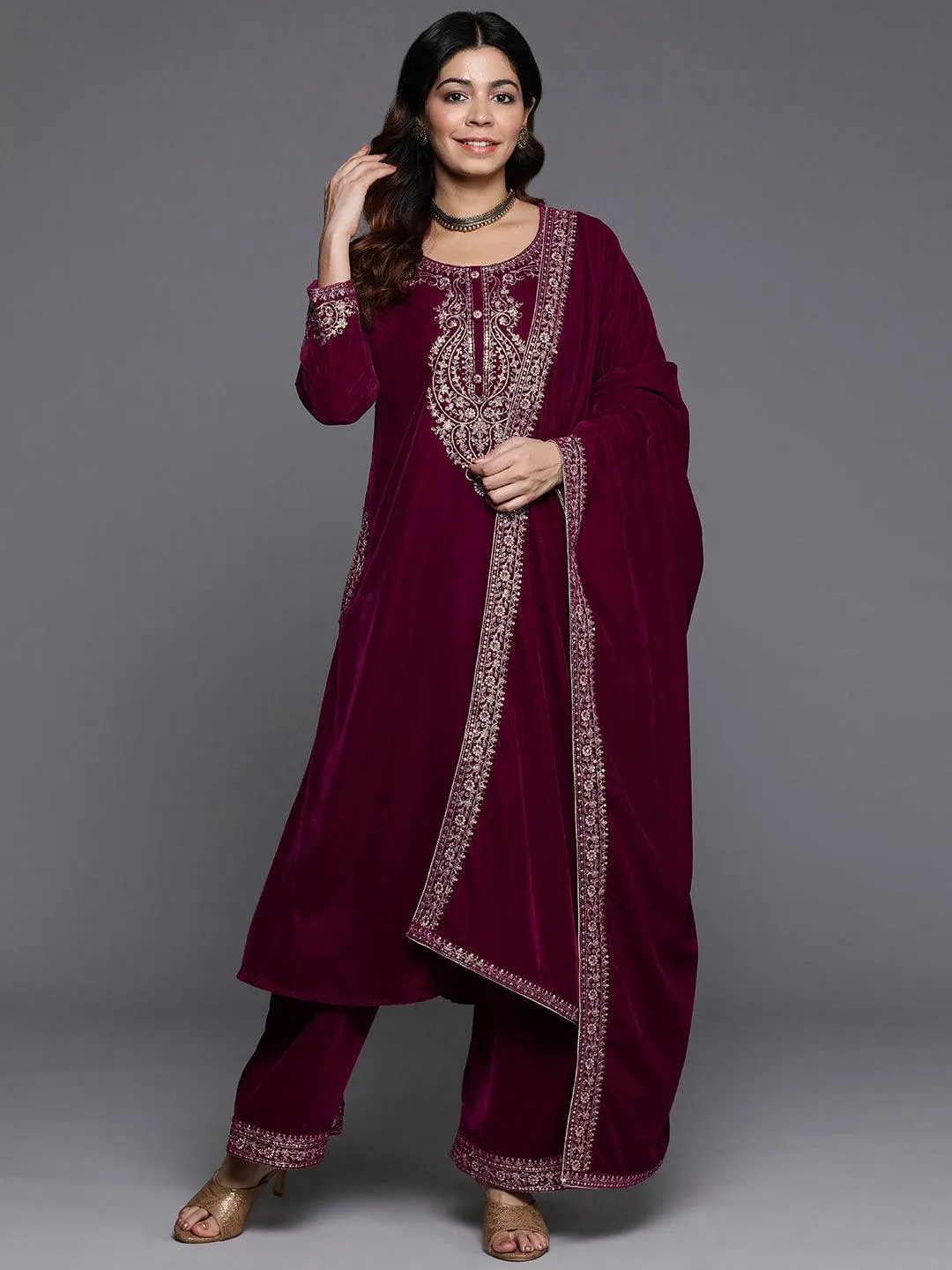 Fuschia Yoke Design Velvet A-Line Kurta With Palazzos & Dupatta