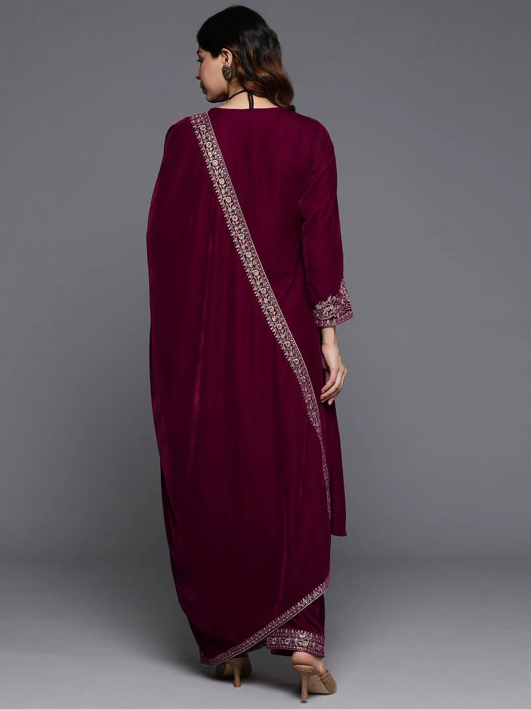 Fuschia Yoke Design Velvet A-Line Kurta With Palazzos & Dupatta