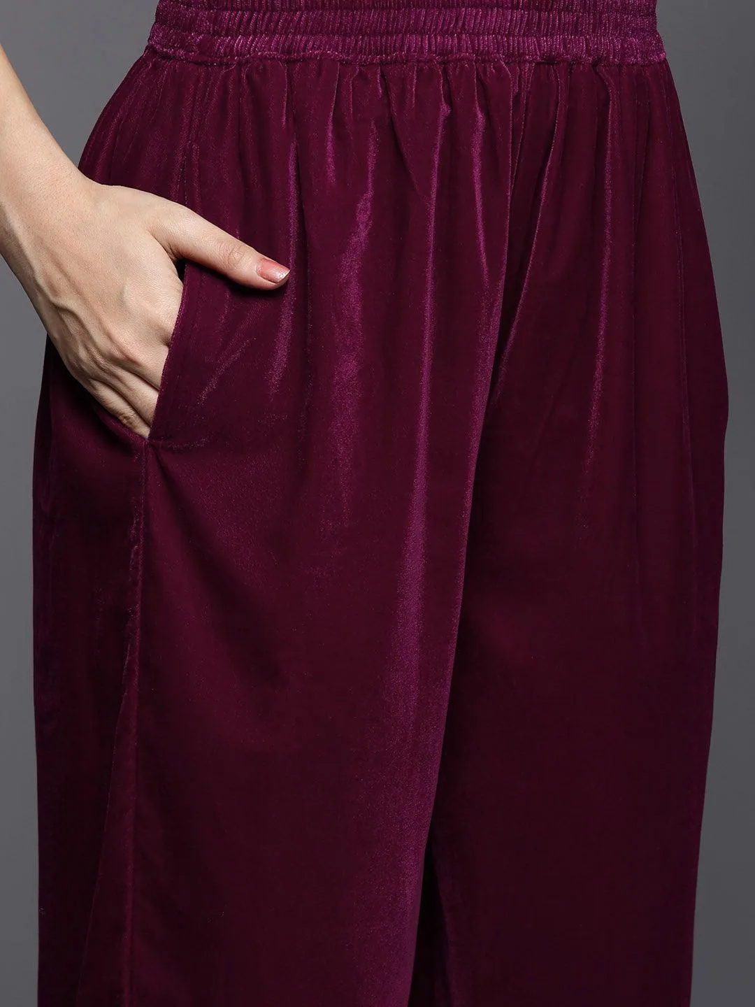 Fuschia Yoke Design Velvet A-Line Kurta With Palazzos & Dupatta