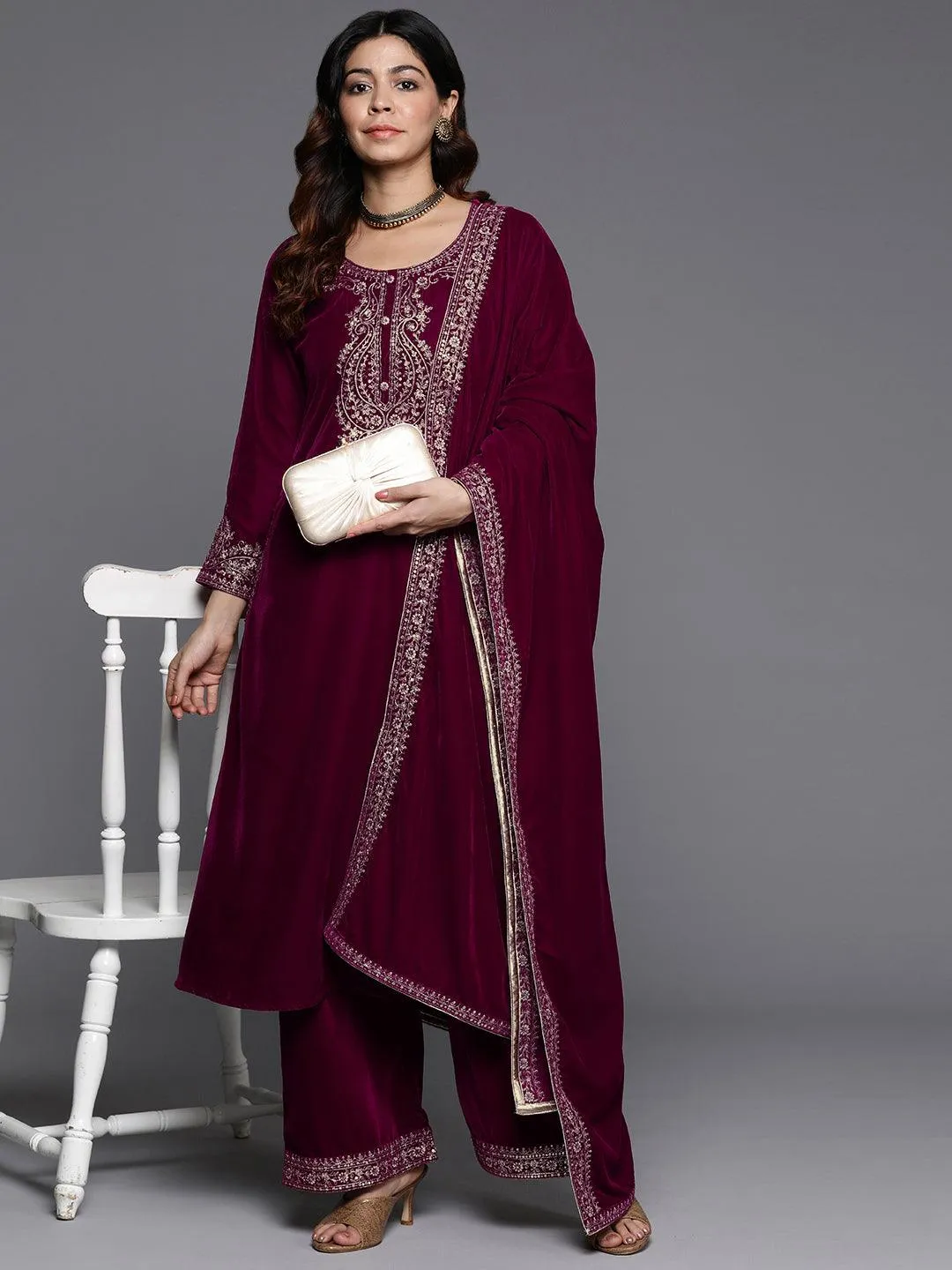 Fuschia Yoke Design Velvet A-Line Kurta With Palazzos & Dupatta