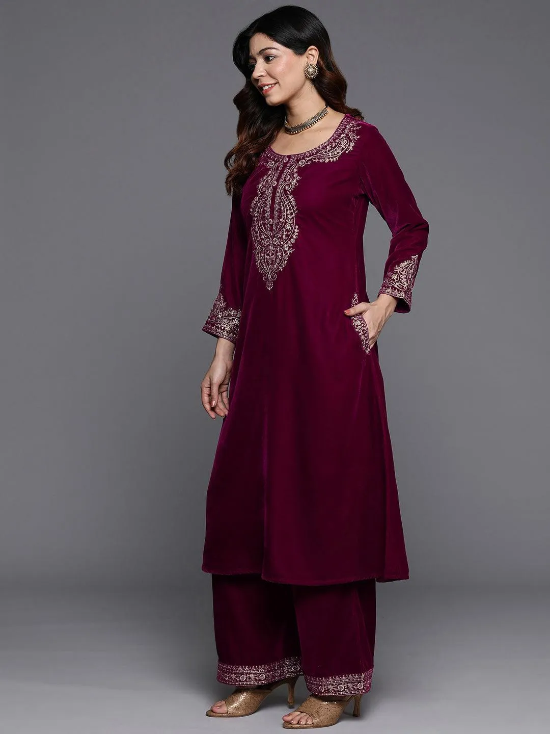 Fuschia Yoke Design Velvet A-Line Kurta With Palazzos & Dupatta