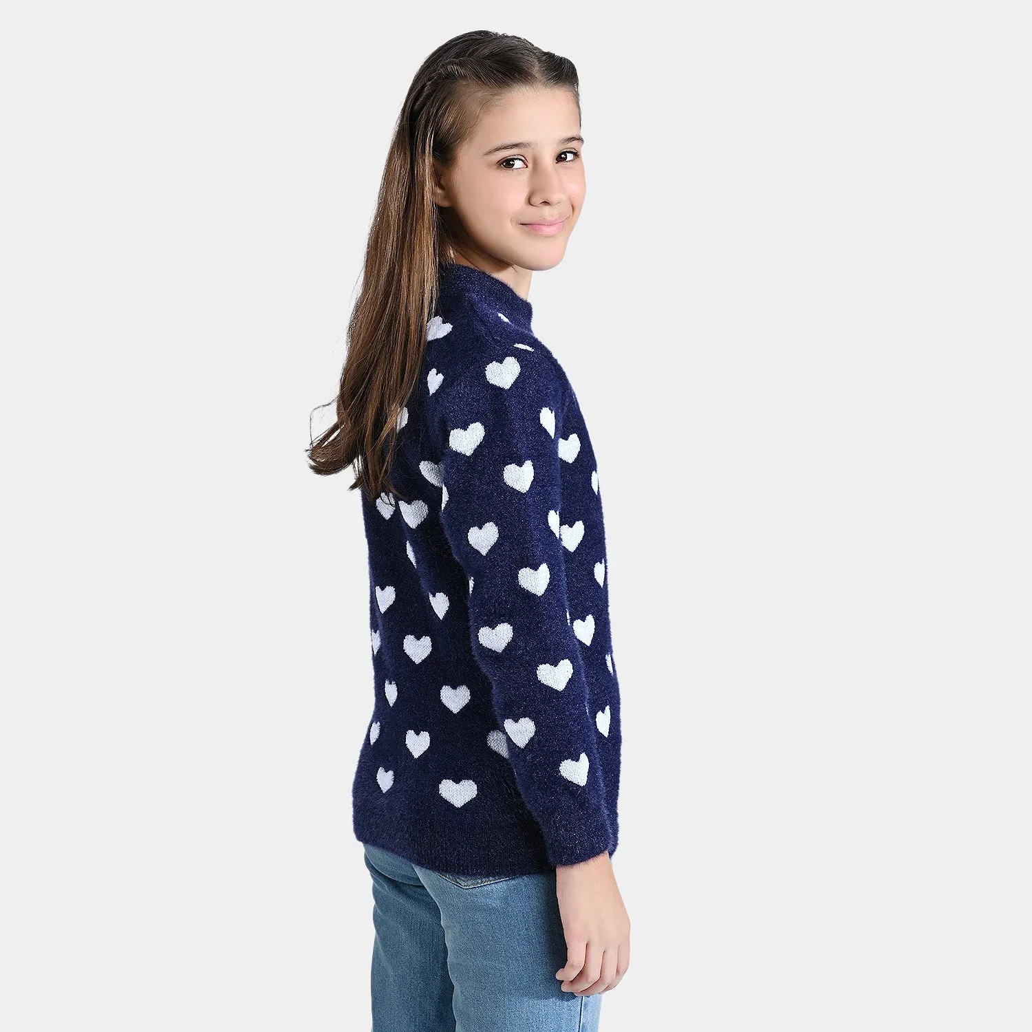 Girls Feather-Acrylic Sweater Feather Hearts-NAVY