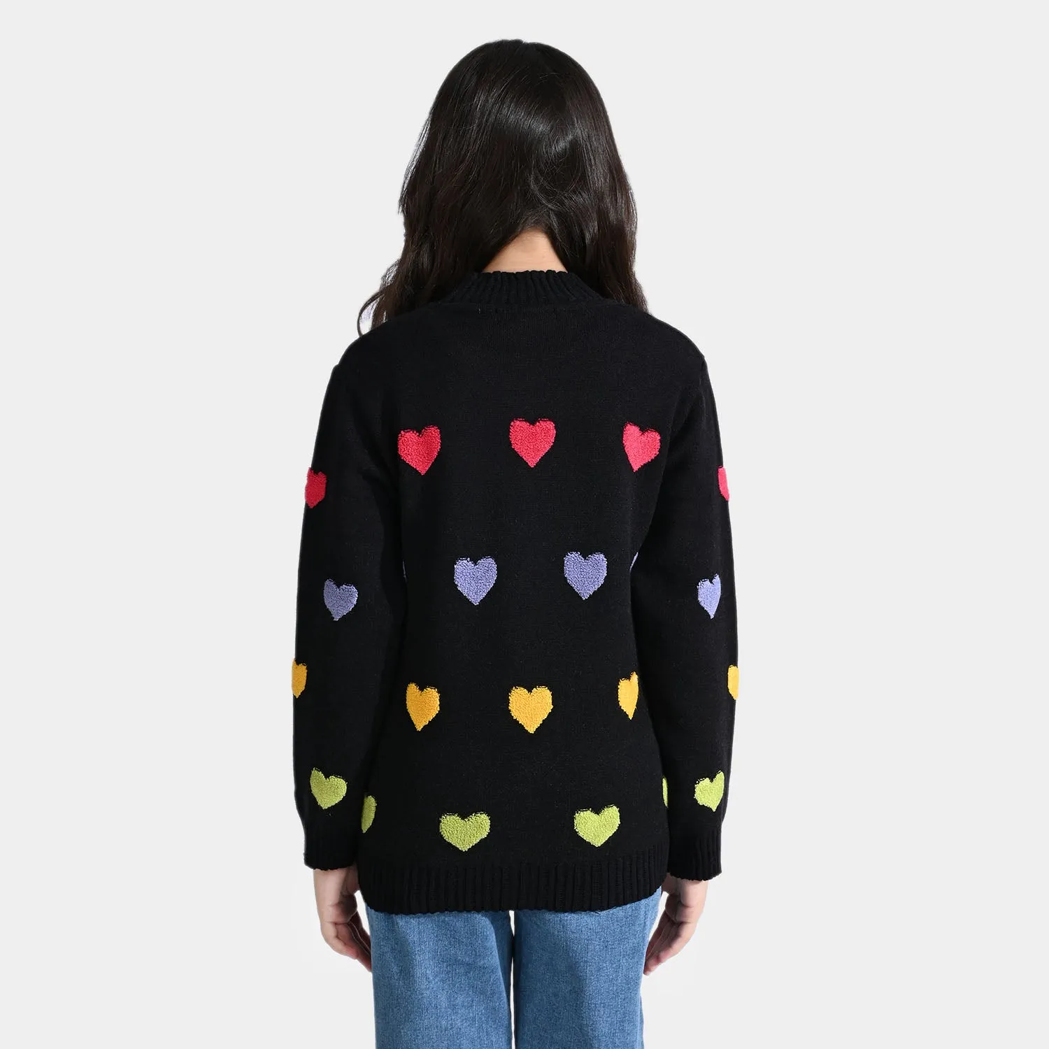 Girls VPN-Acrylic Sweater Chenille Heart-BLACK