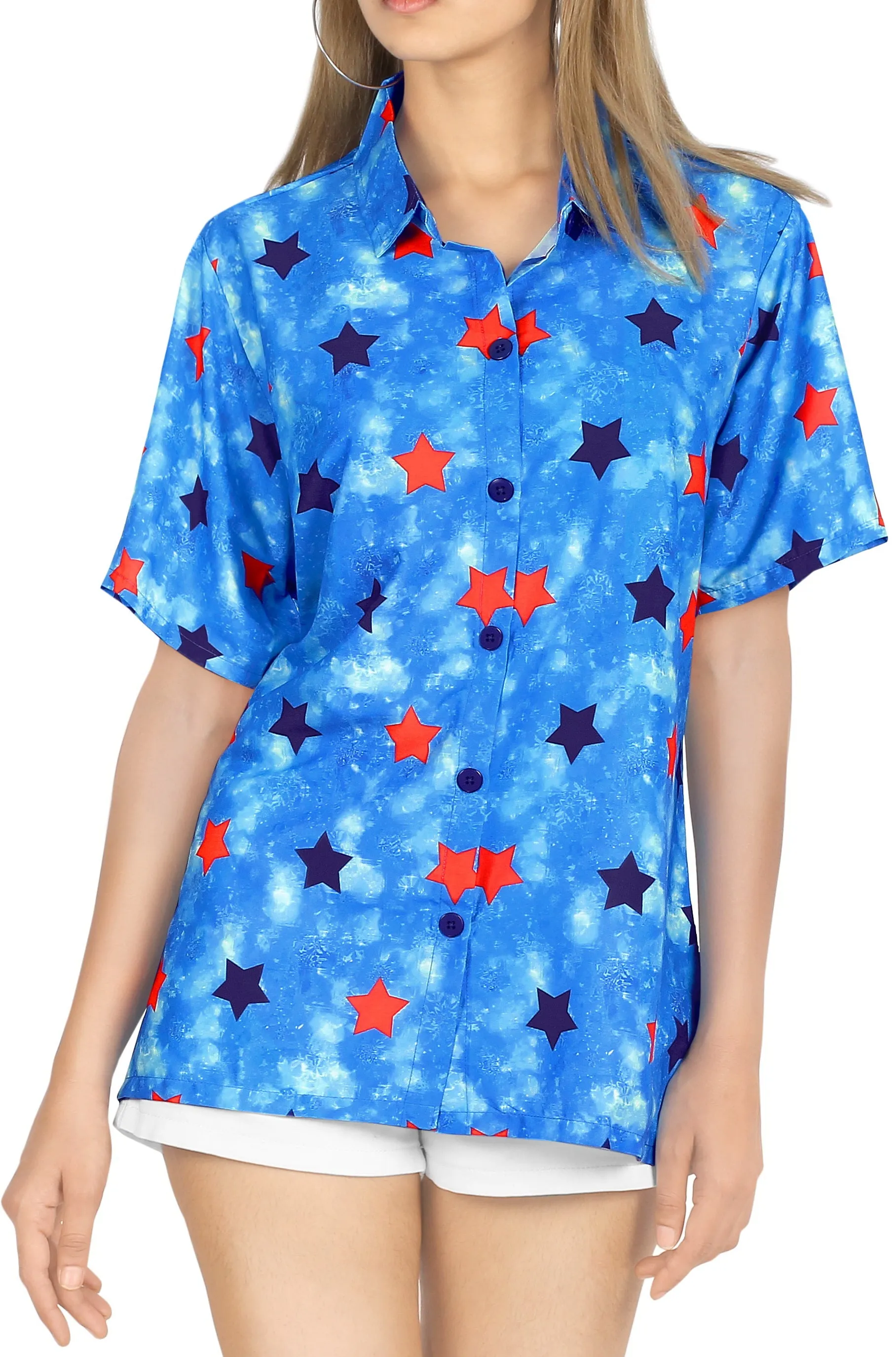 LA LEELA Women's Tie-Die Feel Beach Swim Short Sleeve Collar Shirt Star Print Hawaiian Blouse Shirt Blue