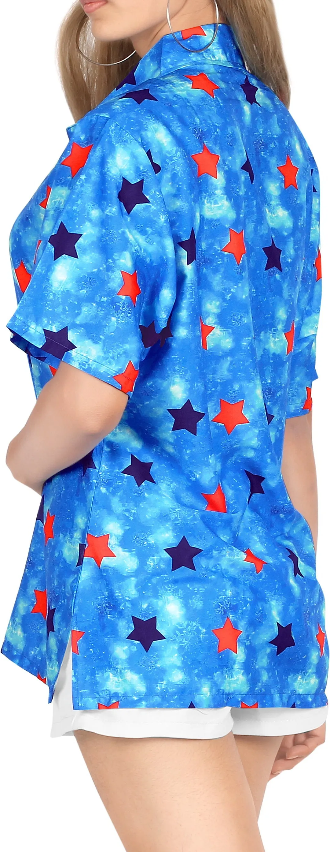 LA LEELA Women's Tie-Die Feel Beach Swim Short Sleeve Collar Shirt Star Print Hawaiian Blouse Shirt Blue