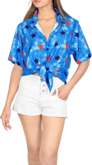 LA LEELA Women's Tie-Die Feel Beach Swim Short Sleeve Collar Shirt Star Print Hawaiian Blouse Shirt Blue