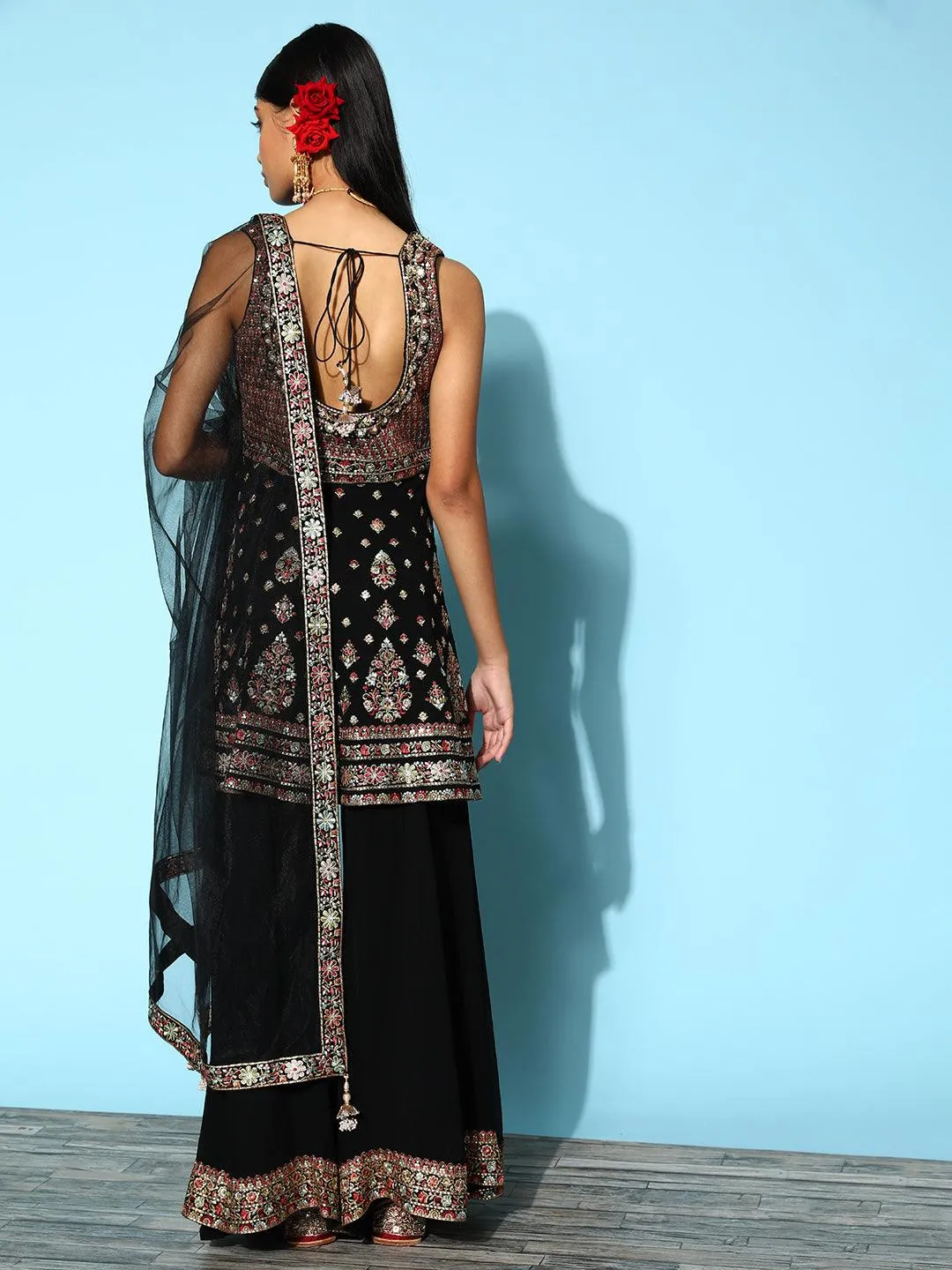 Libas Art Black Embroidered Georgette Peplum Suit Set With Palazzos