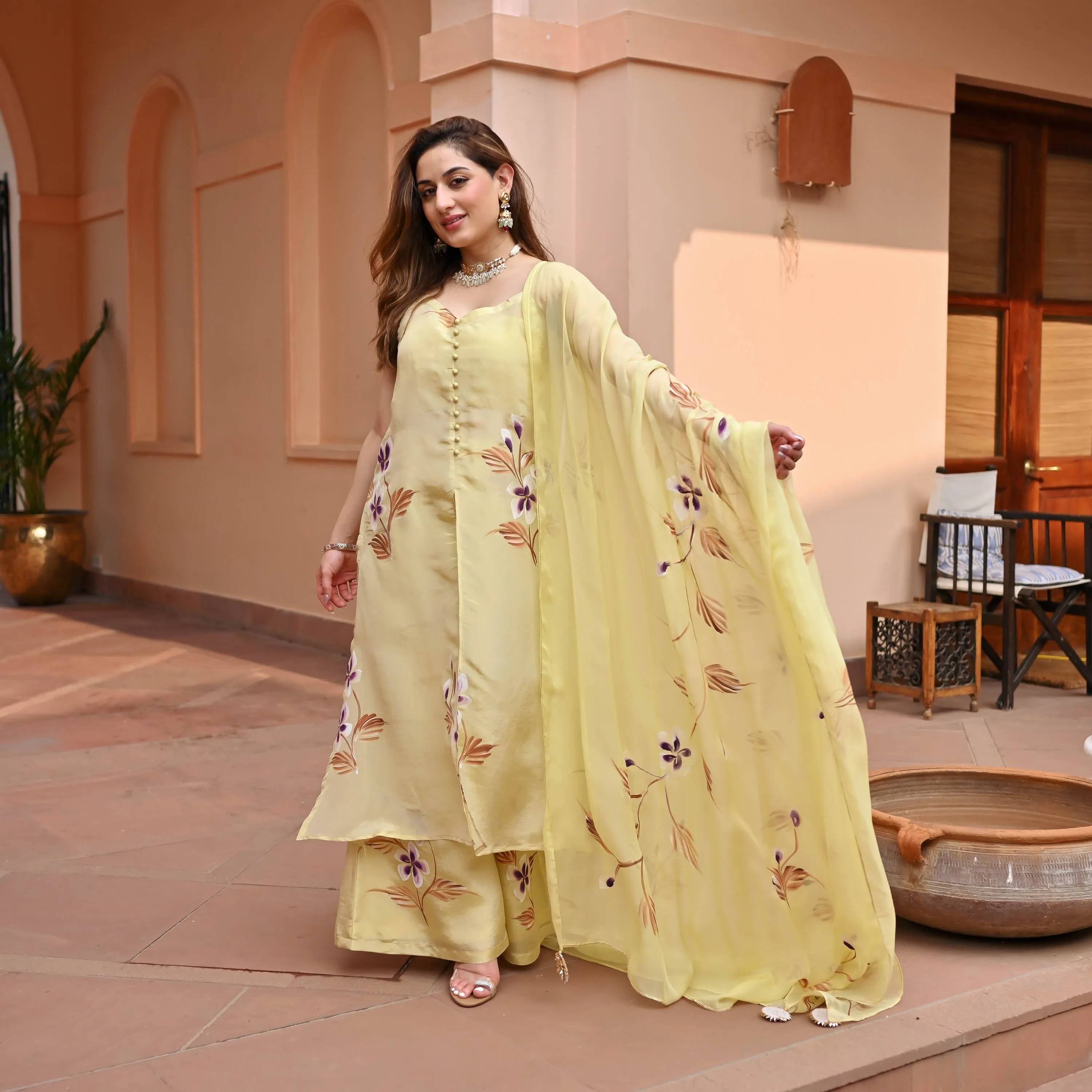 Light Yellow Tissue Silk Suit set