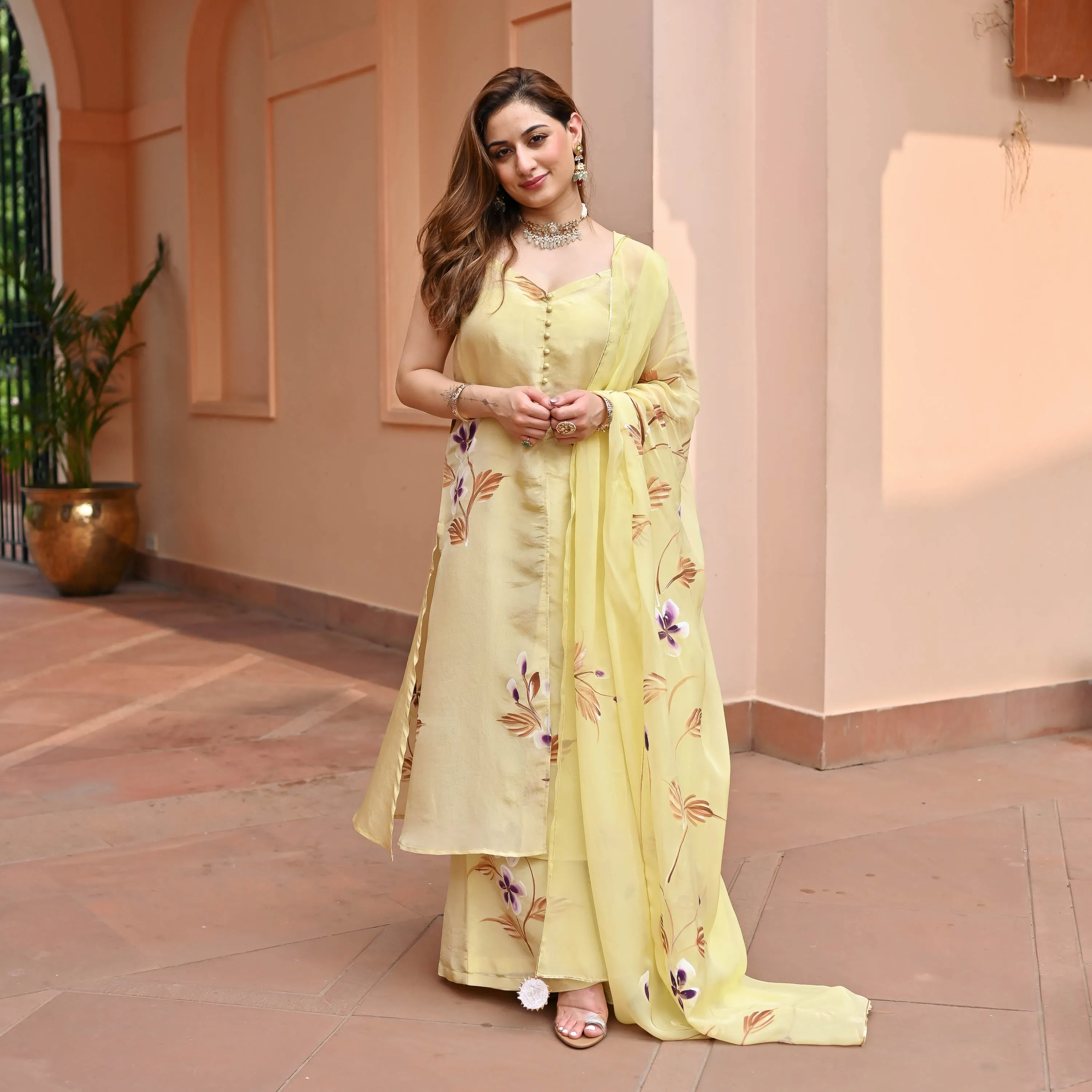 Light Yellow Tissue Silk Suit set