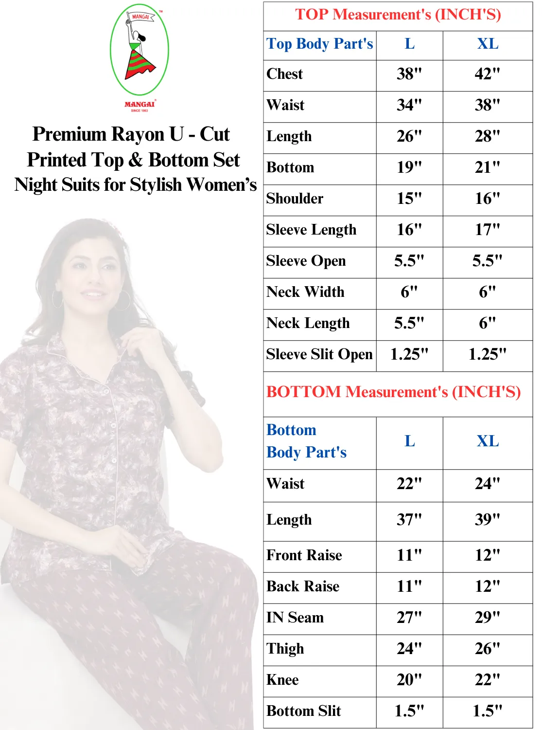 MANGAI Premium RAYON Printed Stylish U-Cut Model Night Suits | Stylish Print's All Over | Top & Bottom Set | 3/4 Sleeve| U-Cut Neck | Trendy Night Suits for Stylish Women's (RUNS-UCUT)