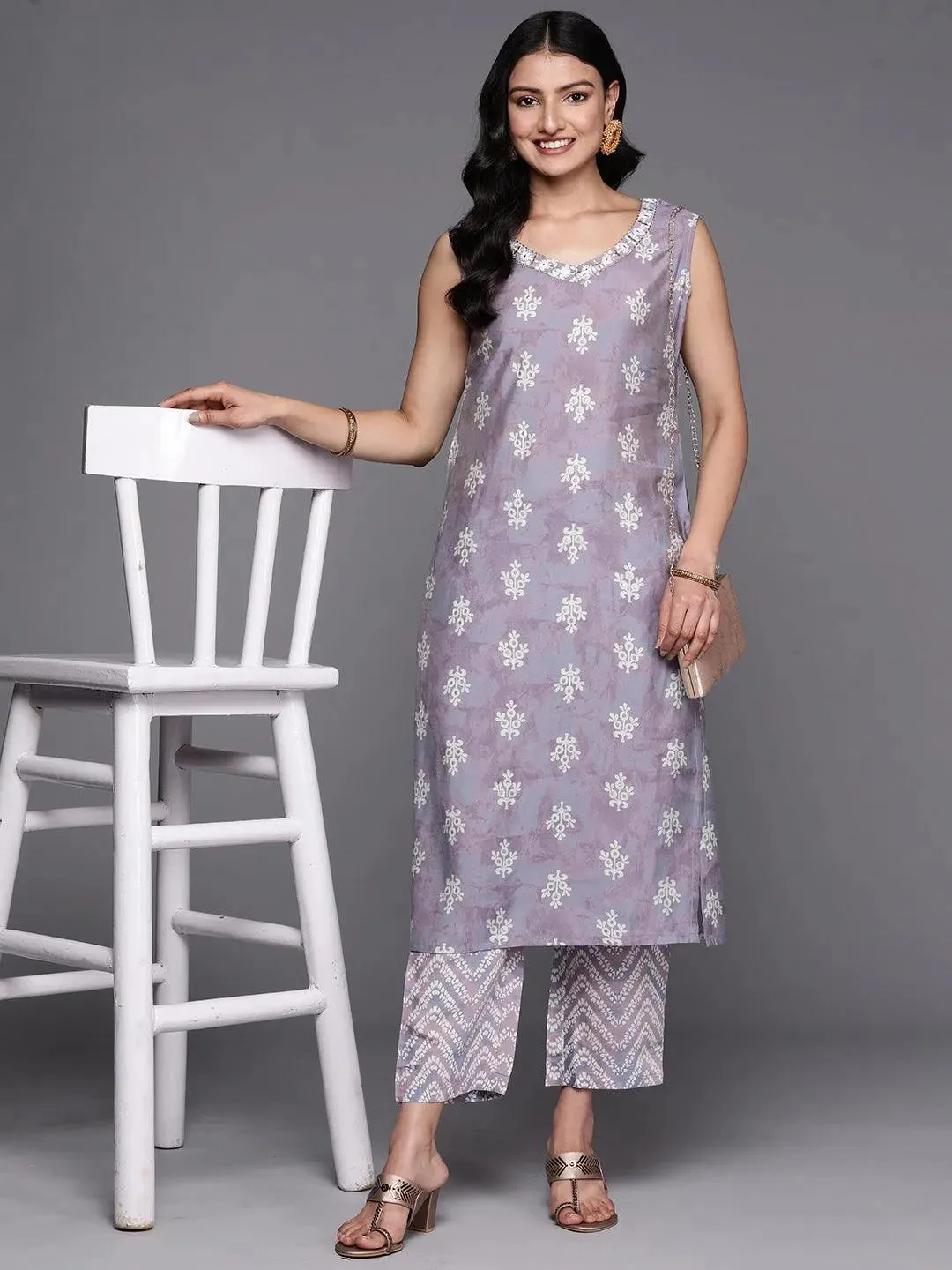 Mauve Printed Silk Blend Straight Kurta With Trousers