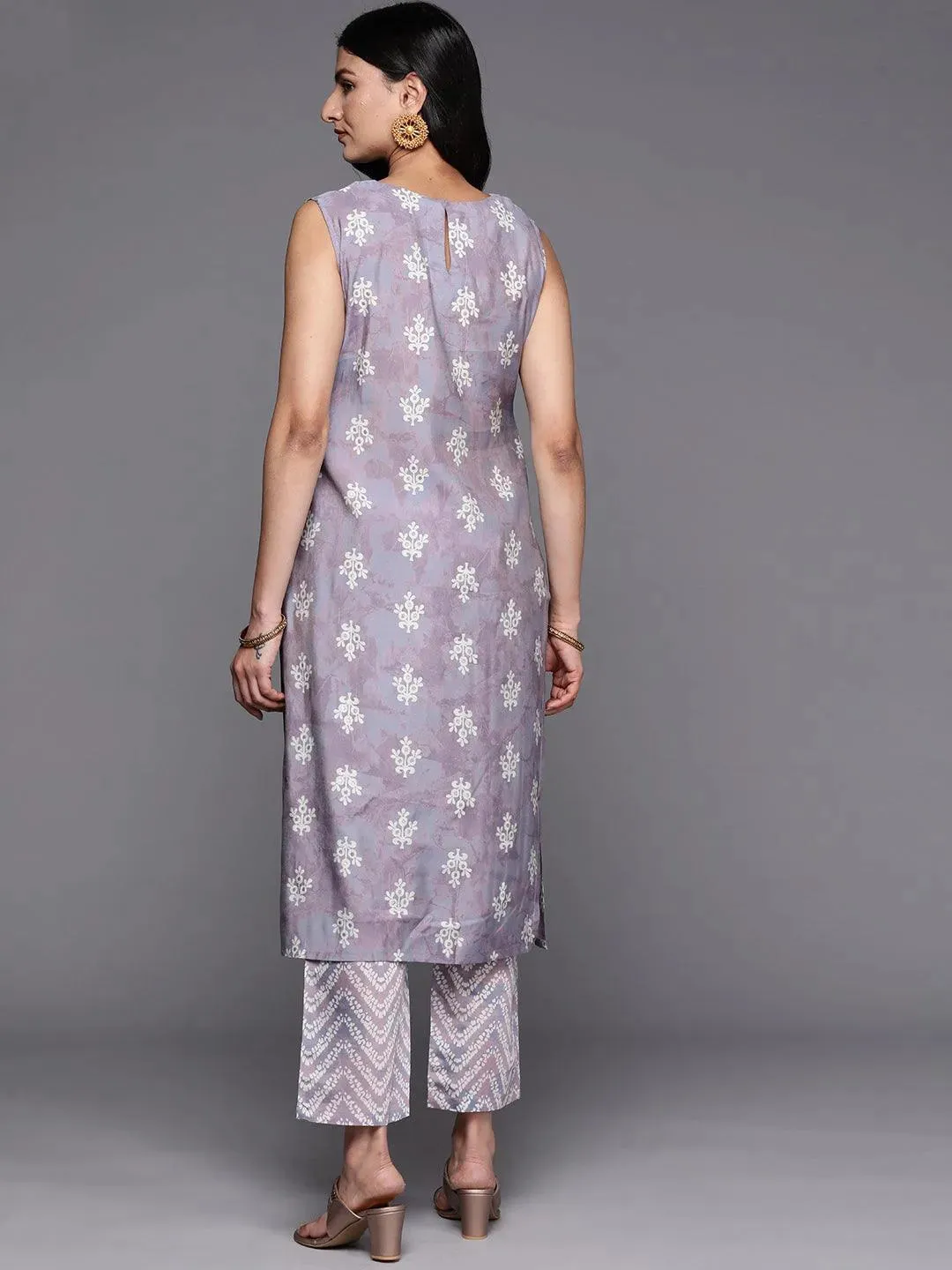 Mauve Printed Silk Blend Straight Kurta With Trousers