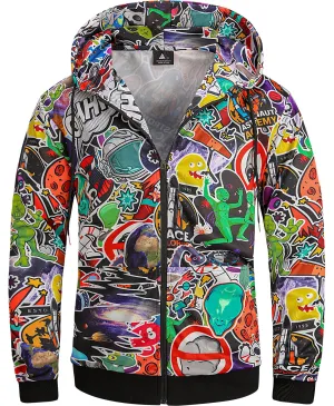 Men's Graffiti Print Zip Up Long sleeve Hoodie-ZPK006184