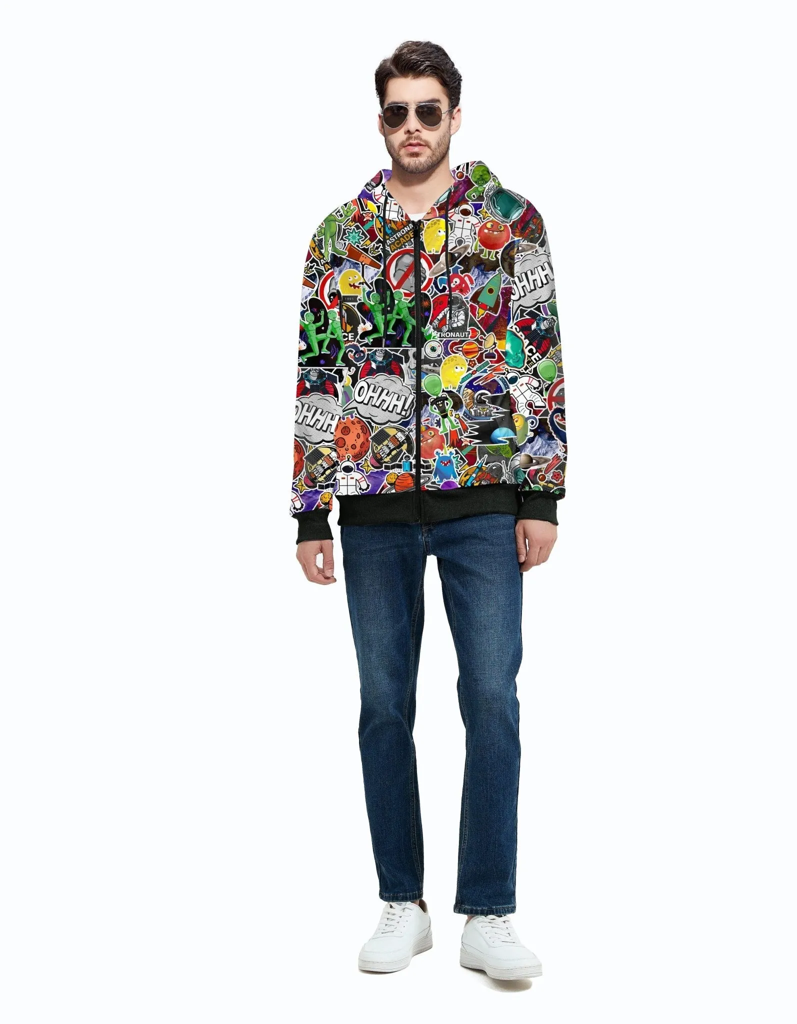 Men's Graffiti Print Zip Up Long sleeve Hoodie-ZPK006184