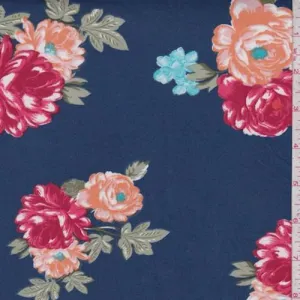 Navy/Red Floral Double Brushed Jersey Knit Fabric