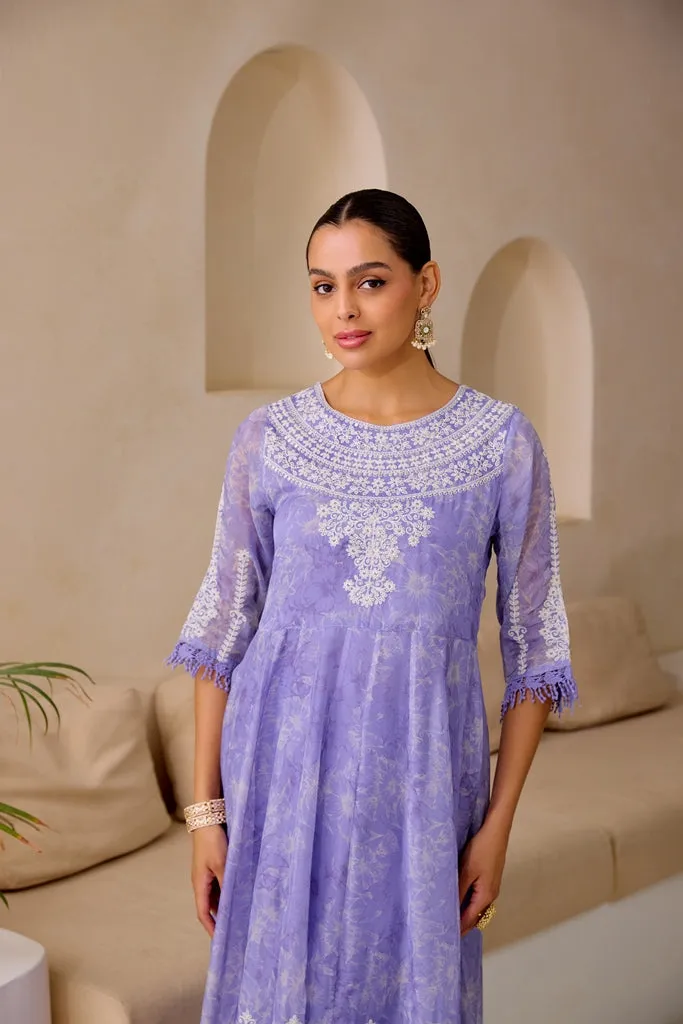 Neerus Lavender Flared Emblleshied Kurta And Trousers With Dupatta