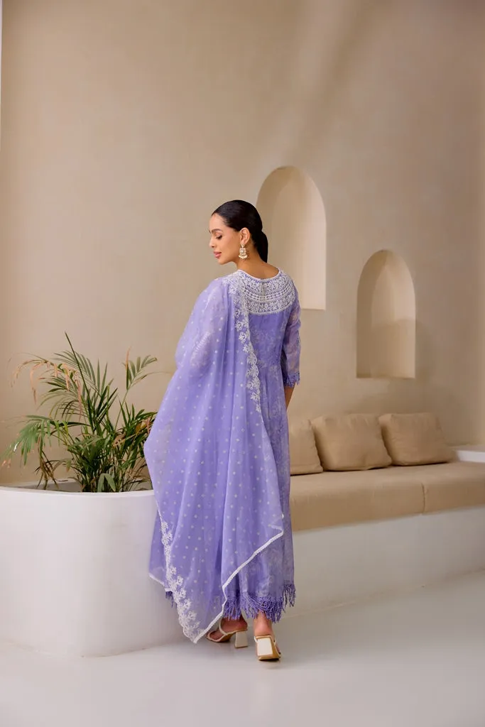 Neerus Lavender Flared Emblleshied Kurta And Trousers With Dupatta