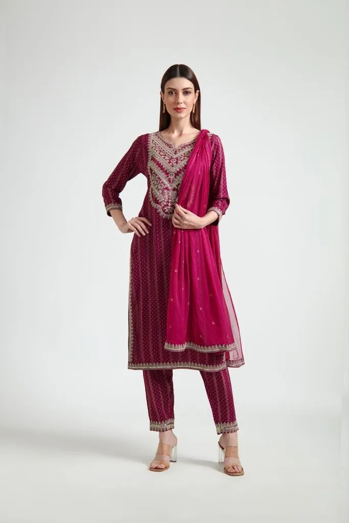 Neerus Women Maroon Printed Silk Georgette Kurta with Trouser and Dupatta