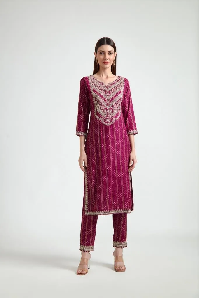 Neerus Women Maroon Printed Silk Georgette Kurta with Trouser and Dupatta